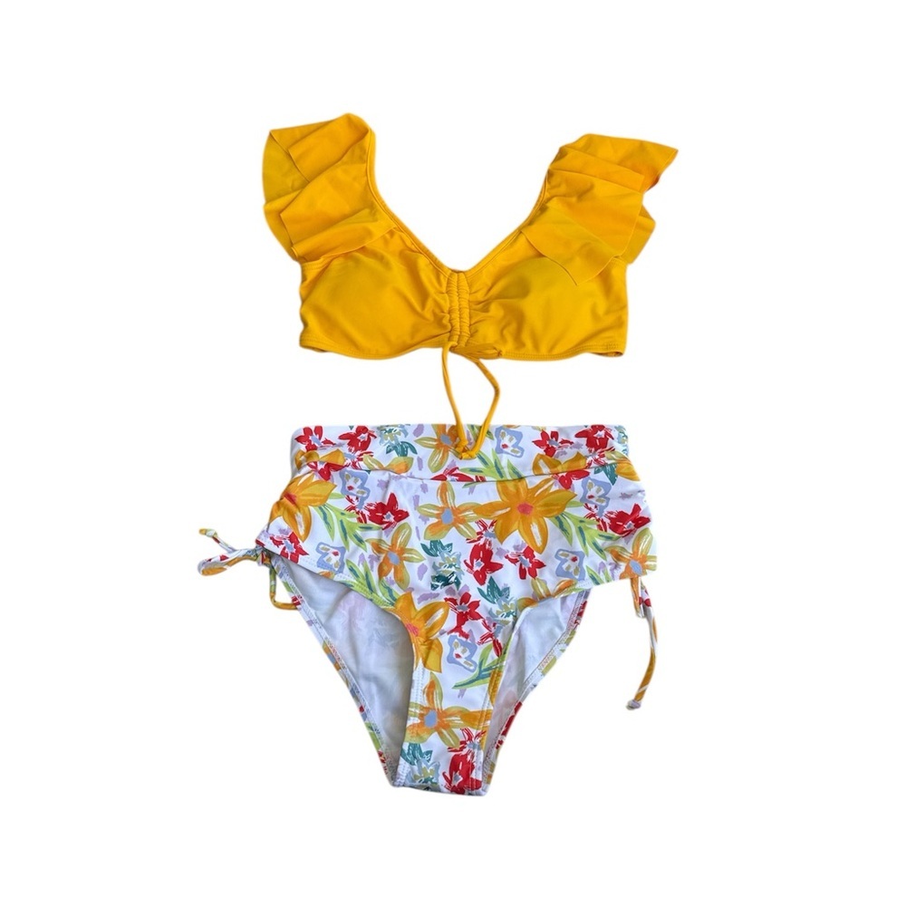 Vibrant Yellow Ruffle floral‎ bottom Bikini Set, S, Q93